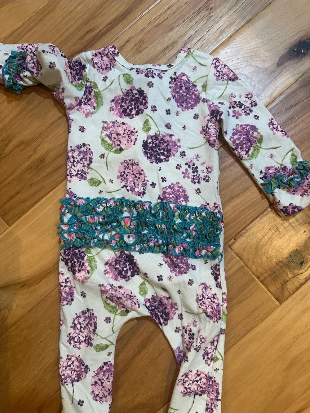 SweetHoney Footed One-Piece with Purple Floral Print and Teal Ruffle